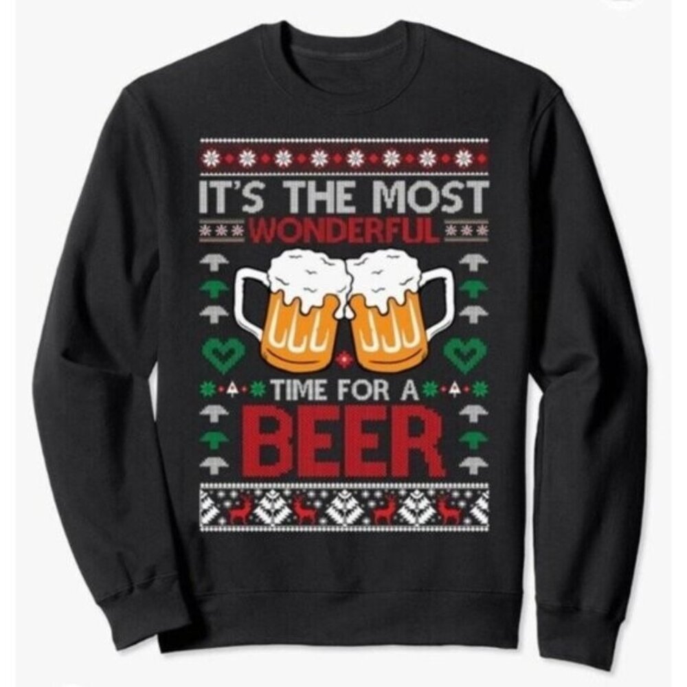 Ugly Christmas Sweater Its The Most Wonderful Time For A Beer Black Sweatshirt M